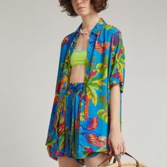 Farm Rio M Sunny Day Unisex Button Shirt Parrot Macaw Bird Blue Tropical Womens - Picture 1 of 9